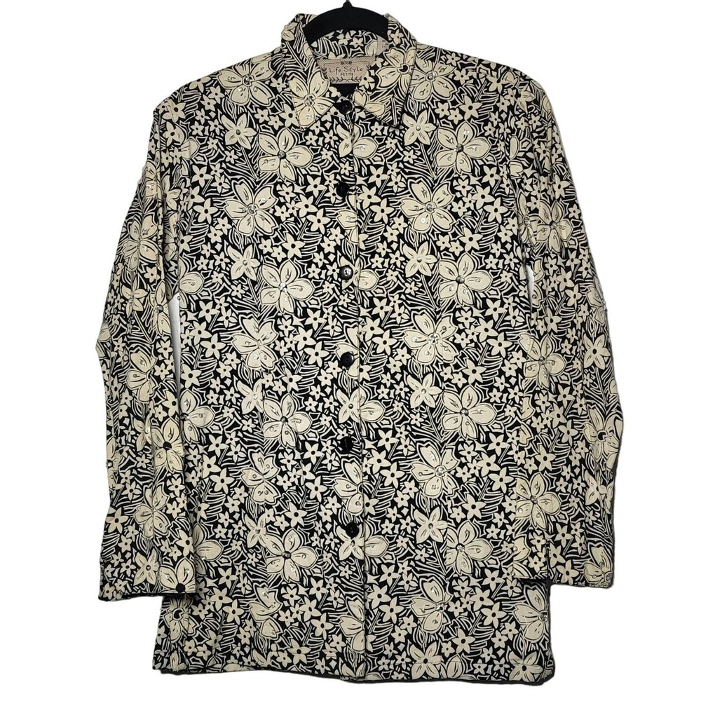 Life Style Womens Floral Embroidered Button Jacket XS Petite